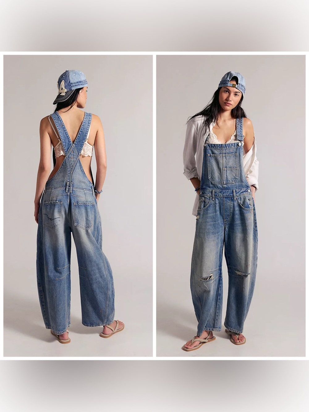 Free People Good Luck Barrel Overalls Distressed Blue XS Paint Splatter